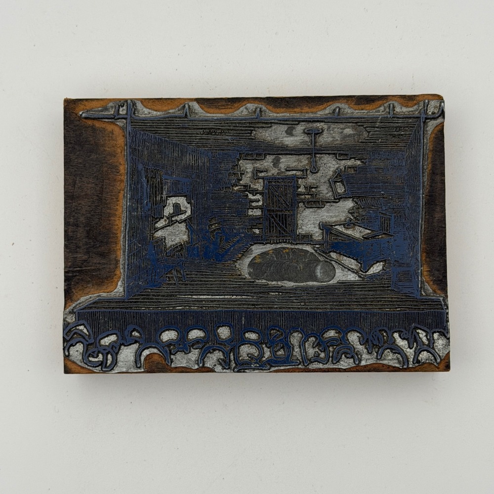 Vintage Theater Stage Printing Block Wood Mounted Blue Ink Good Condition Sketch